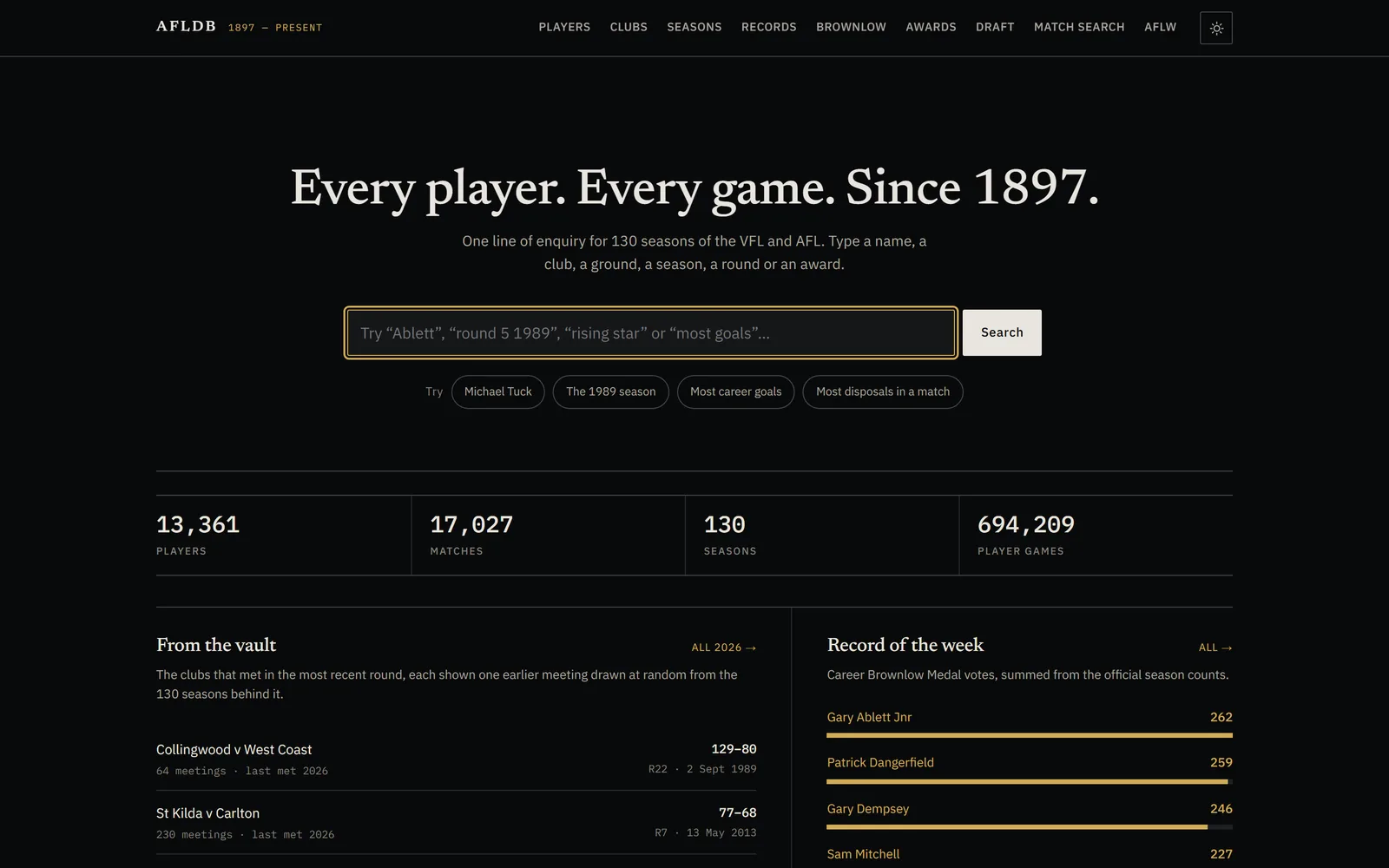 The AFLDB home page: a single search box above counts of players, matches and seasons, with panels showing recent club meetings and career Brownlow vote leaders.