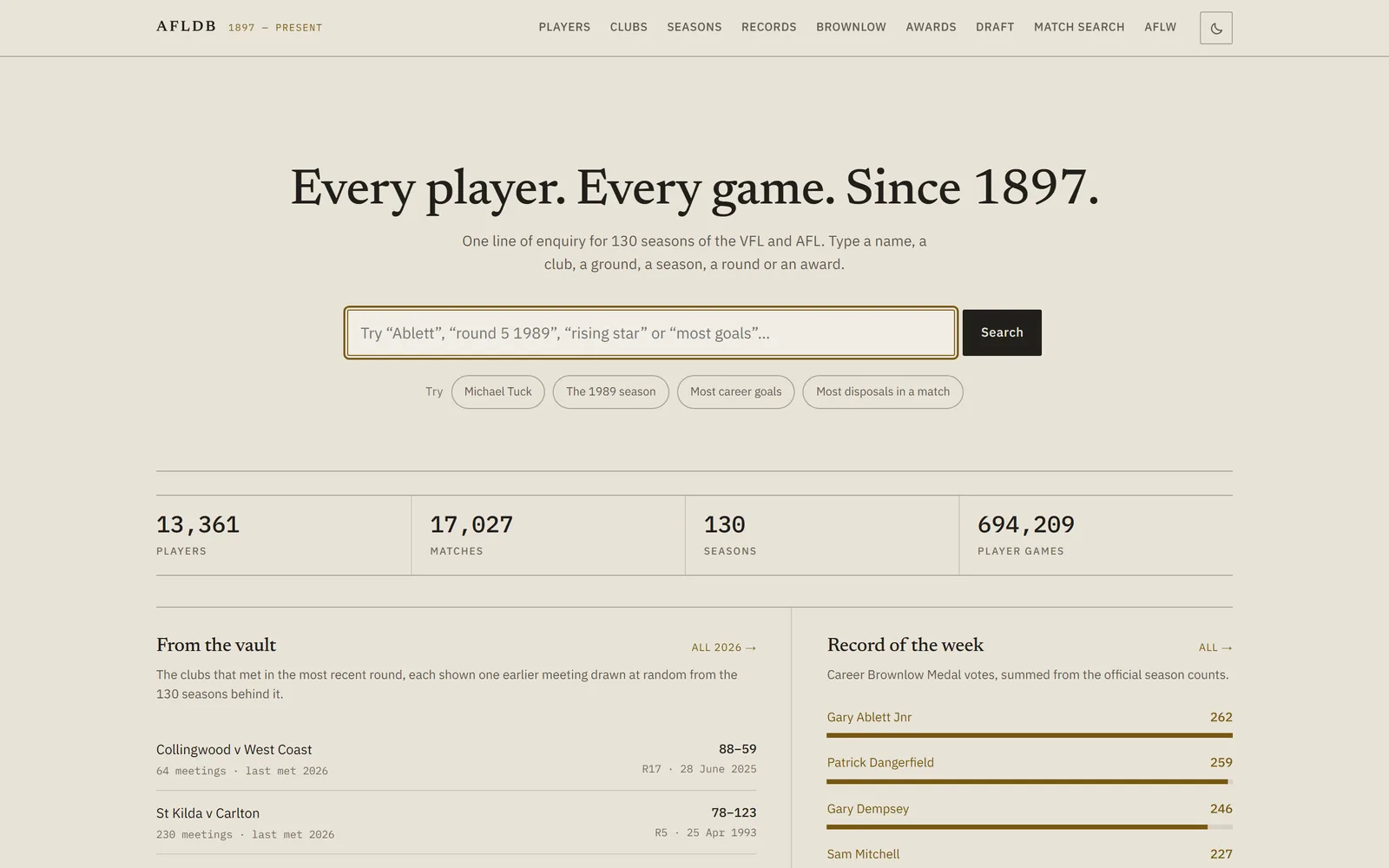 The same AFLDB home page in its light theme, on cream paper with dark ink.